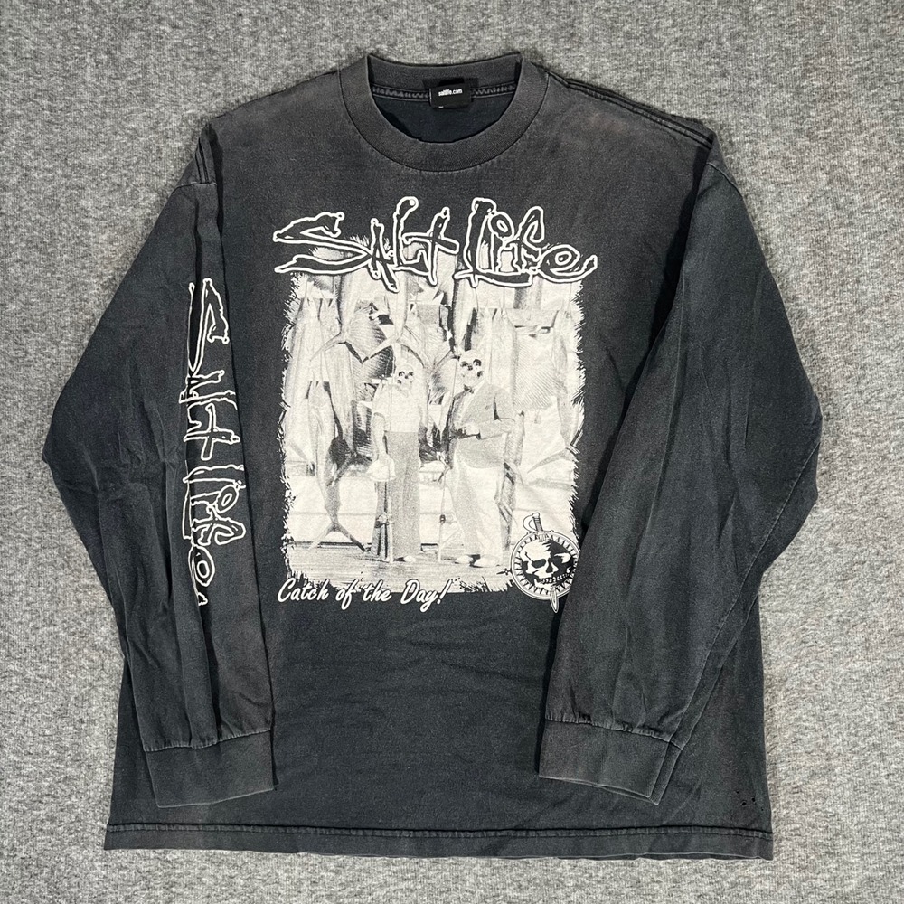 Vintage Salt Life Catch of the Day Faded Black Long Sleeve Graphic T-Shirt L
